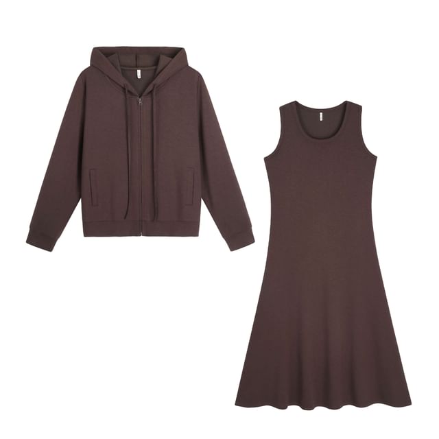Set: Plain Drawstring Zip Hoodie + Sleeveless Scoop Neck Midi A-Line Dress