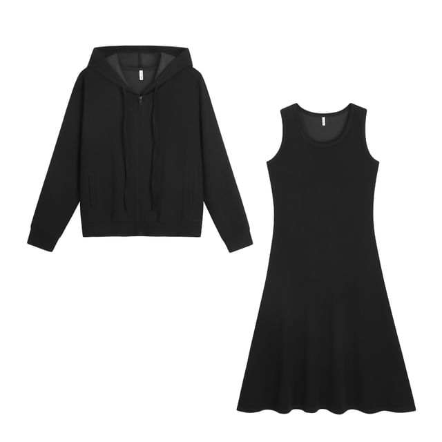 Set: Plain Drawstring Zip Hoodie + Sleeveless Scoop Neck Midi A-Line Dress