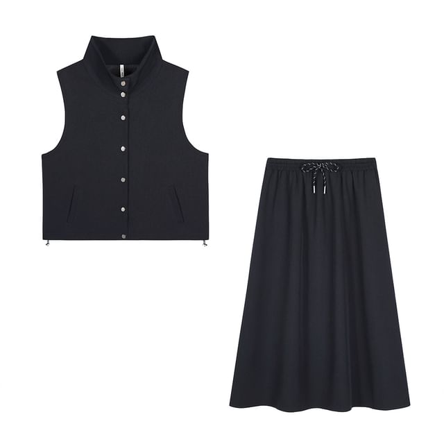 Set: Stand Collar Plain Button Vest + Drawstring Waist Midi A-Line Skirt