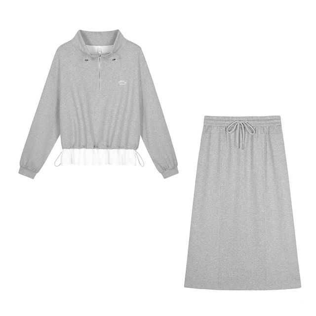 Set: Mock Two-Piece Mock Neck Lettering Half-Zip Pullover + Drawstring Waist Midi H-Line Skirt
