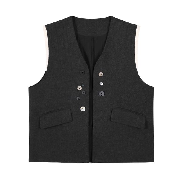 V-Neck Color Block Button Vest