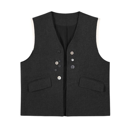V-Neck Color Block Button Vest