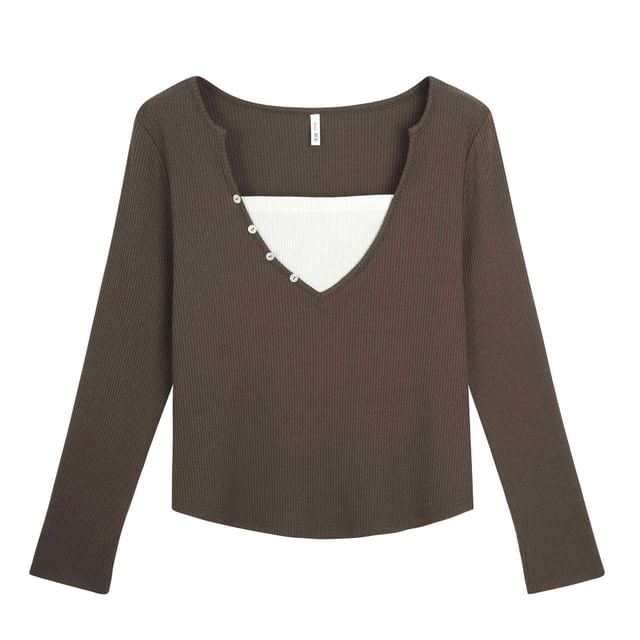 Mock Two-Piece Long-Sleeve Square Neck Henley Ribbed Knit Top