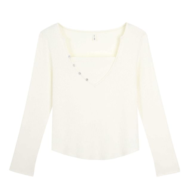 Mock Two-Piece Long-Sleeve Square Neck Henley Ribbed Knit Top