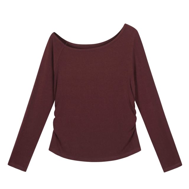 Long-Sleeve Boat Neck Plain Knit Top