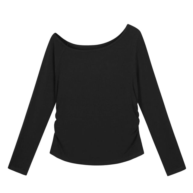 Long-Sleeve Boat Neck Plain Knit Top