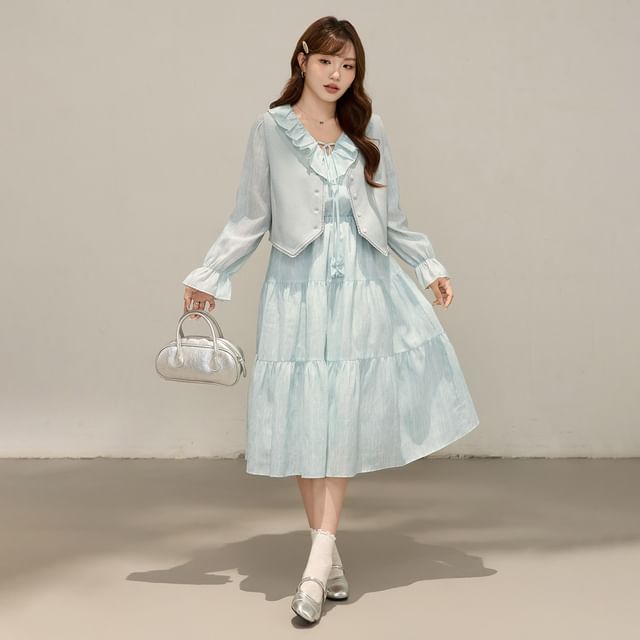 Long Sleeve V-Neck Plain Ruffle Tiered Midi A-Line Dress / V-Neck Plain Button Vest / Set