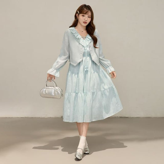 Long Sleeve V-Neck Plain Ruffle Tiered Midi A-Line Dress / V-Neck Plain Button Vest / Set