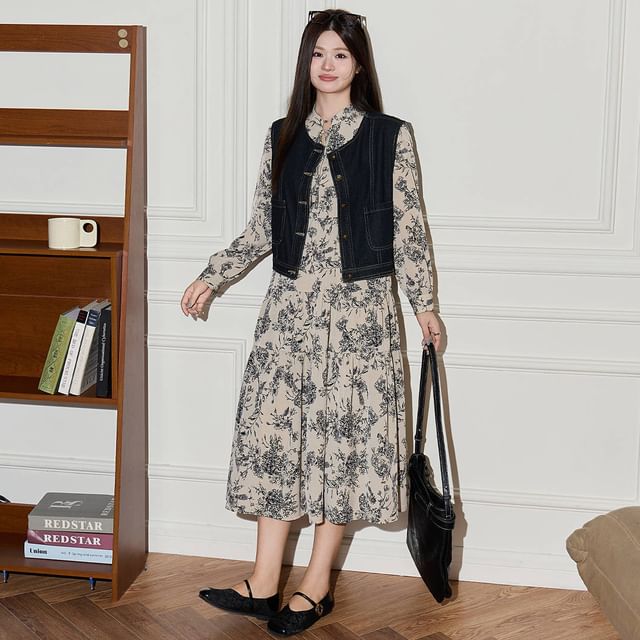 Long Sleeve Tie Neck Floral Print Midi A-Line Dress / Round Neck Unwashed Button Denim Jacket