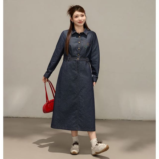 Long Sleeve Collared Embroidered Midi A-Line Denim Shirt Dress