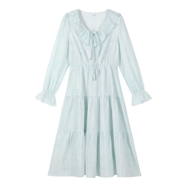 Long Sleeve V-Neck Plain Ruffle Tiered Midi A-Line Dress / V-Neck Plain Button Vest / Set