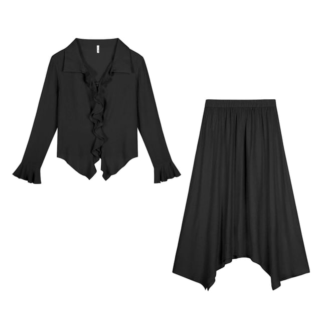 Set: Long Sleeve V-Neck Plain Ruffle Blouse + High Rise Asymmetrical Midi A-Line Skirt