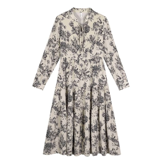 Long Sleeve Tie Neck Floral Print Midi A-Line Dress / Round Neck Unwashed Button Denim Jacket