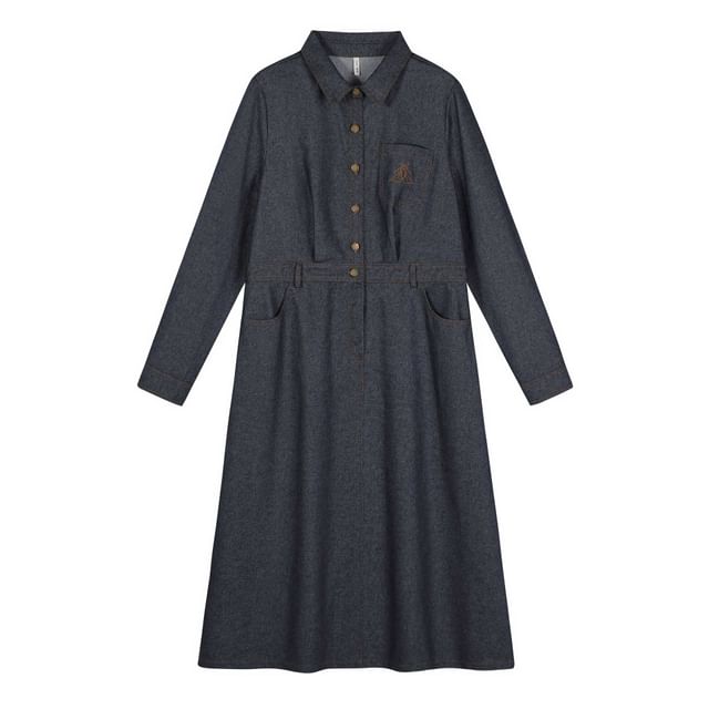 Long Sleeve Collared Embroidered Midi A-Line Denim Shirt Dress