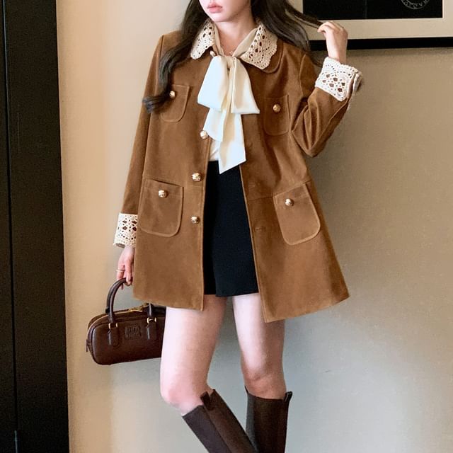 Lace Collar Velvet Button-Up Jacket