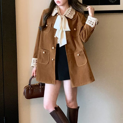 Lace Collar Velvet Button-Up Jacket