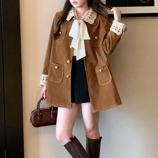 Lace Collar Velvet Button-Up Jacket