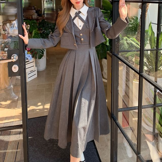 One buttoned Plain Crop Blazer / Long-Sleeve Two Tone Midi A-Line Dress / Set