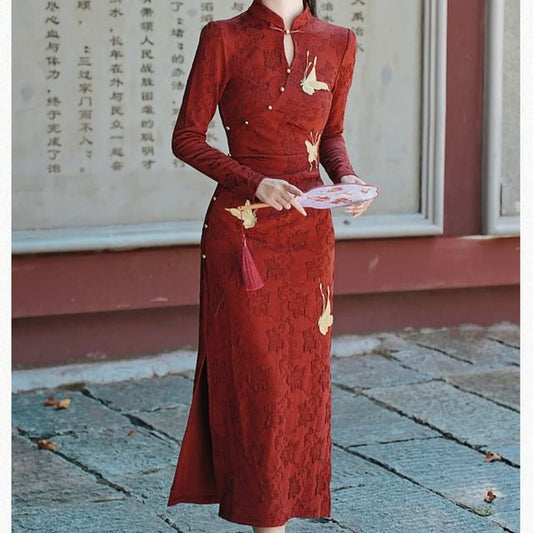 Long-Sleeve Crane Jacquard Maxi A-Line Dress / Shawl / Set