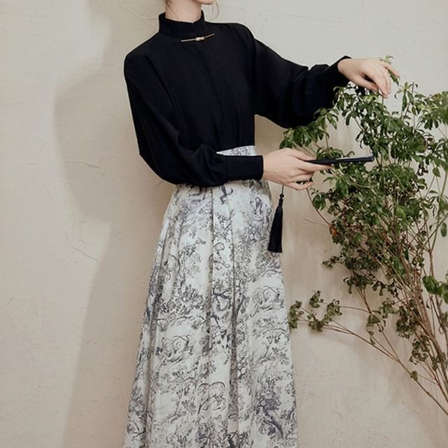 Set: Mock Neck Plain Top + High Waist Print Midi A-Line Skirt (Various Designs)
