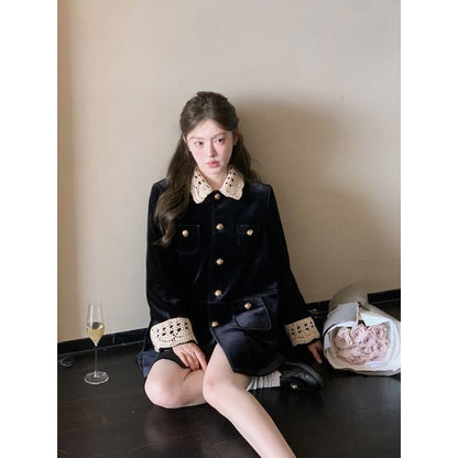 Lace Collar Velvet Button-Up Jacket