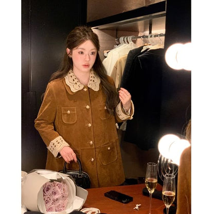 Lace Collar Velvet Button-Up Jacket