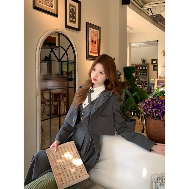 One buttoned Plain Crop Blazer / Long-Sleeve Two Tone Midi A-Line Dress / Set