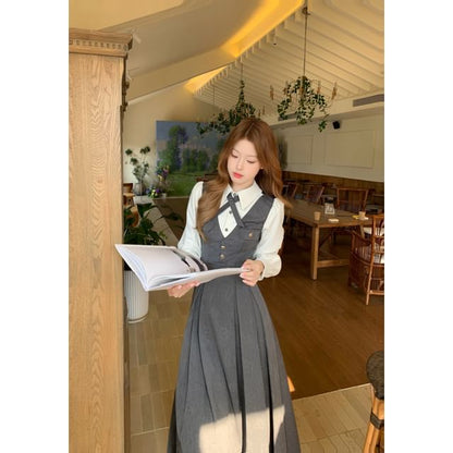 One buttoned Plain Crop Blazer / Long-Sleeve Two Tone Midi A-Line Dress / Set