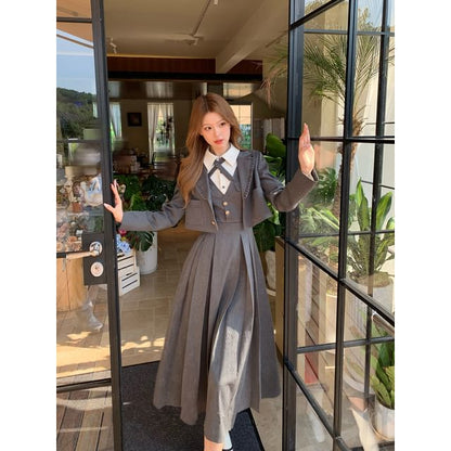 One buttoned Plain Crop Blazer / Long-Sleeve Two Tone Midi A-Line Dress / Set