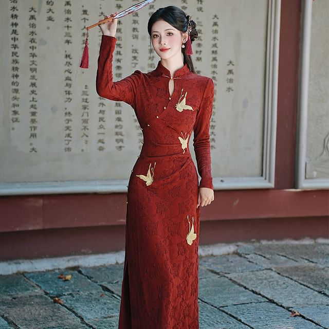Long-Sleeve Crane Jacquard Maxi A-Line Dress / Shawl / Set
