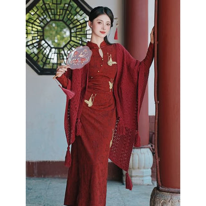 Long-Sleeve Crane Jacquard Maxi A-Line Dress / Shawl / Set