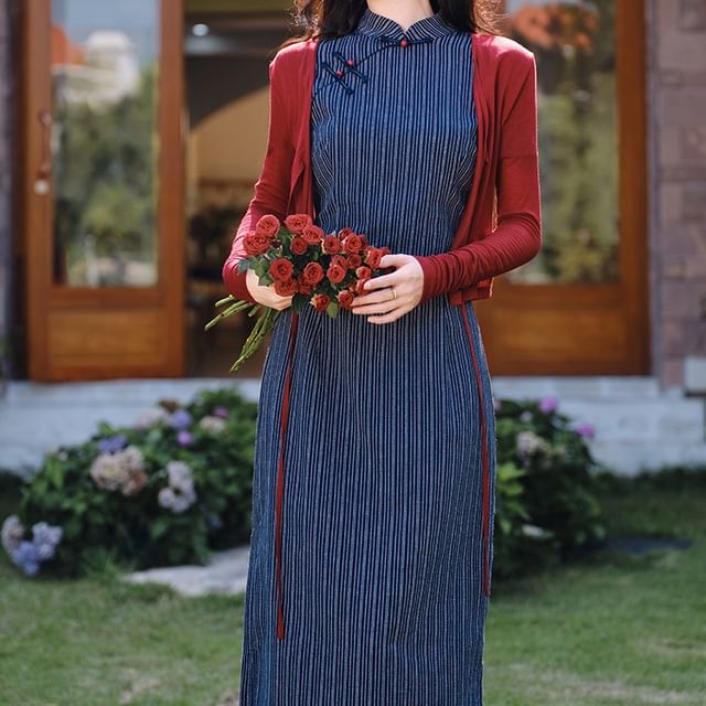 Short-Sleeve Striped Midi Qipao / Plain Tie Front Cardigan / Set