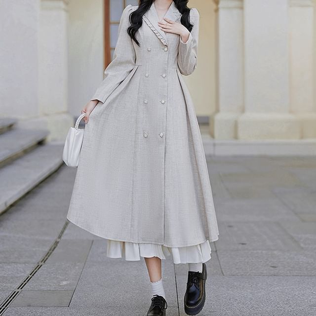 Long-Sleeve Plain Double-Breasted Midi A-Line Coat Dress / Bow Capelet / Set