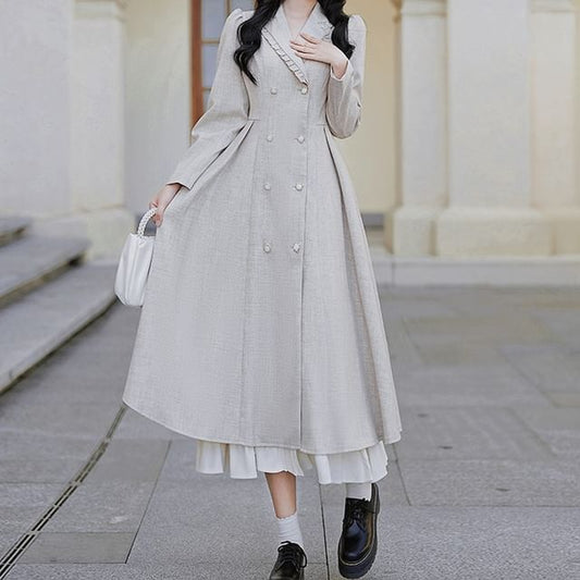 Long-Sleeve Plain Double-Breasted Midi A-Line Coat Dress / Bow Capelet / Set
