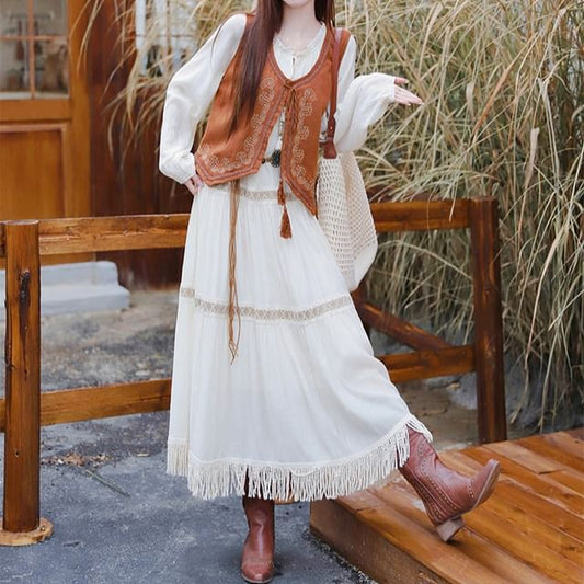 V-Neck Embroidered Tassel Tie Front Vest / Long-Sleeve Fringed Tiered Midi A-Line Dress / String Belt / Set