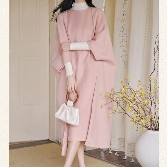 Crew Neck Plain Midi A-Line Overall Dress / 3/4-Sleeve Open Front Coat / Long-Sleeve Turtleneck Knit Top / Belt / Set