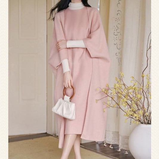 Crew Neck Plain Midi A-Line Overall Dress / 3/4-Sleeve Open Front Coat / Long-Sleeve Turtleneck Knit Top / Belt / Set