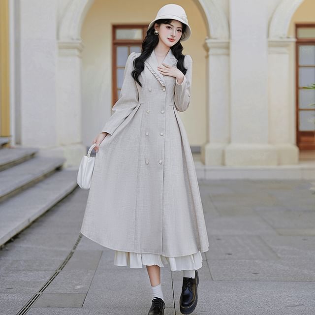 Long-Sleeve Plain Double-Breasted Midi A-Line Coat Dress / Bow Capelet / Set