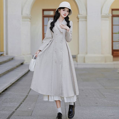 Long-Sleeve Plain Double-Breasted Midi A-Line Coat Dress / Bow Capelet / Set