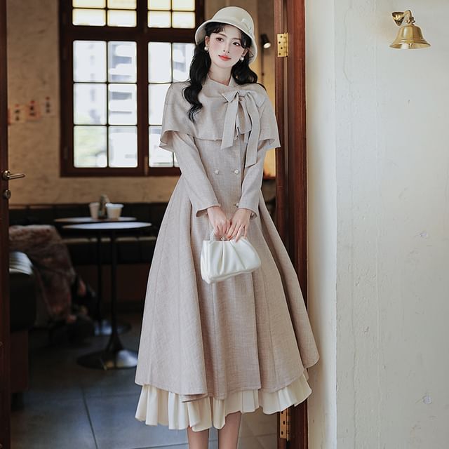 Long-Sleeve Plain Double-Breasted Midi A-Line Coat Dress / Bow Capelet / Set