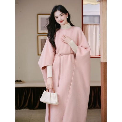 Crew Neck Plain Midi A-Line Overall Dress / 3/4-Sleeve Open Front Coat / Long-Sleeve Turtleneck Knit Top / Belt / Set