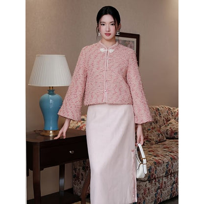 Mandarin Collar Tweed Frog Button Jacket / High Rise Slit Midi Pencil Skirt / Set