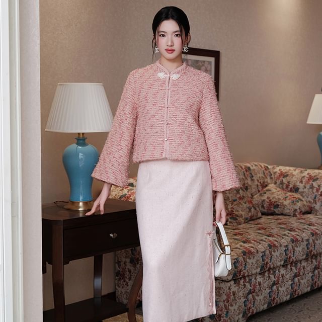 Mandarin Collar Tweed Frog Button Jacket / High Rise Slit Midi Pencil Skirt / Set