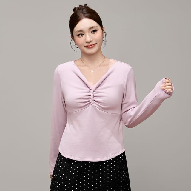 Long Sleeve V-Neck Plain Twist Ruched Top