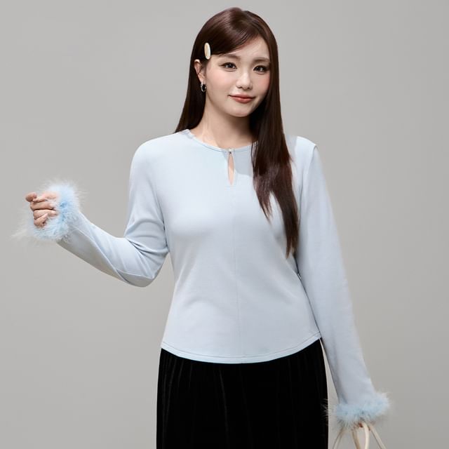 Long Sleeve Round Neck Plain Detachable Fluffy Trim Keyhole Top