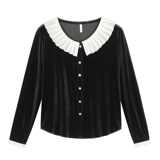 Long Sleeve Collared Two Tone Pleated Panel Velvet Blouse