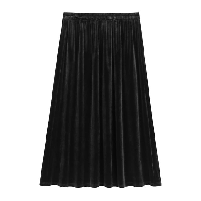 High Rise Plain Velvet Maxi A-Line Skirt