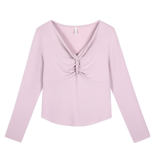 Long Sleeve V-Neck Plain Twist Ruched Top