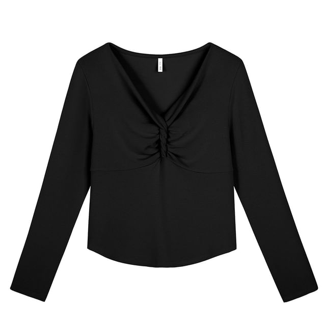 Long Sleeve V-Neck Plain Twist Ruched Top