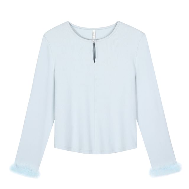 Long Sleeve Round Neck Plain Detachable Fluffy Trim Keyhole Top